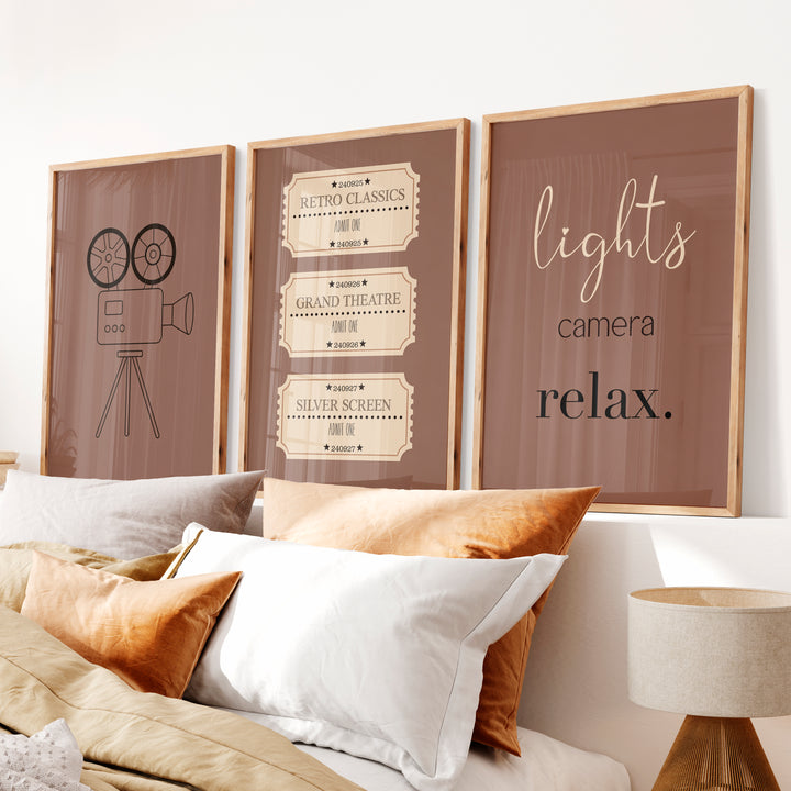 Retro Framed Prints Featuring Vintage Film Camera and Movie Tickets - Natural Wood Framed Poster No Border - Artworksets