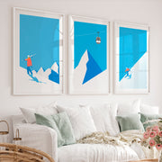 Retro Framed Wall Art Featuring Winter Mountain Skiers - White Framed Poster with White Border - Artworksets
