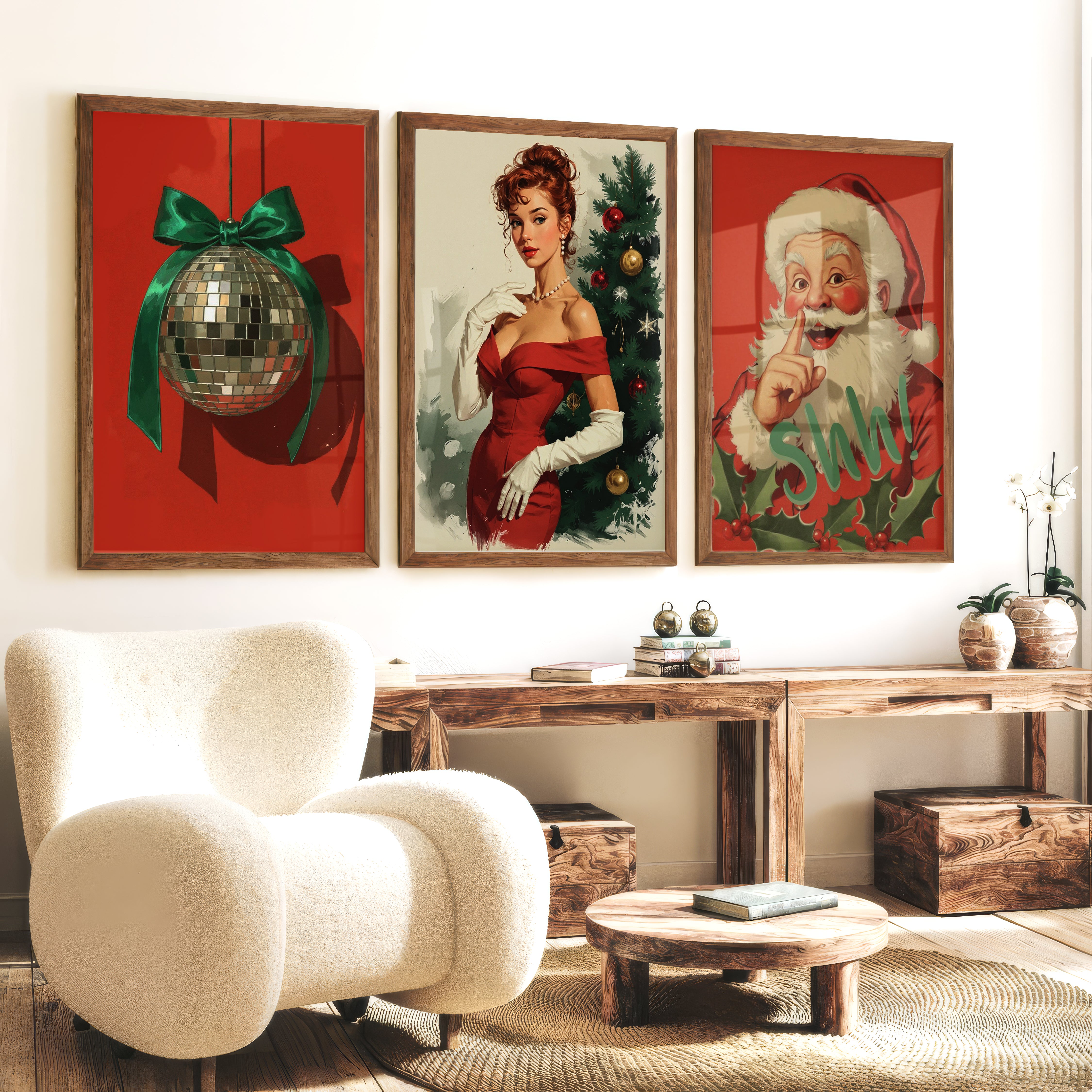 Retro Holiday Wall Art Set of 3 – Santa, Pin-Up Girl & Disco Ball - Dark Brown Framed Poster No Border - Artworksets