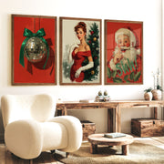 Retro Holiday Wall Art Set of 3 – Santa, Pin-Up Girl & Disco Ball - Dark Brown Framed Poster No Border - Artworksets