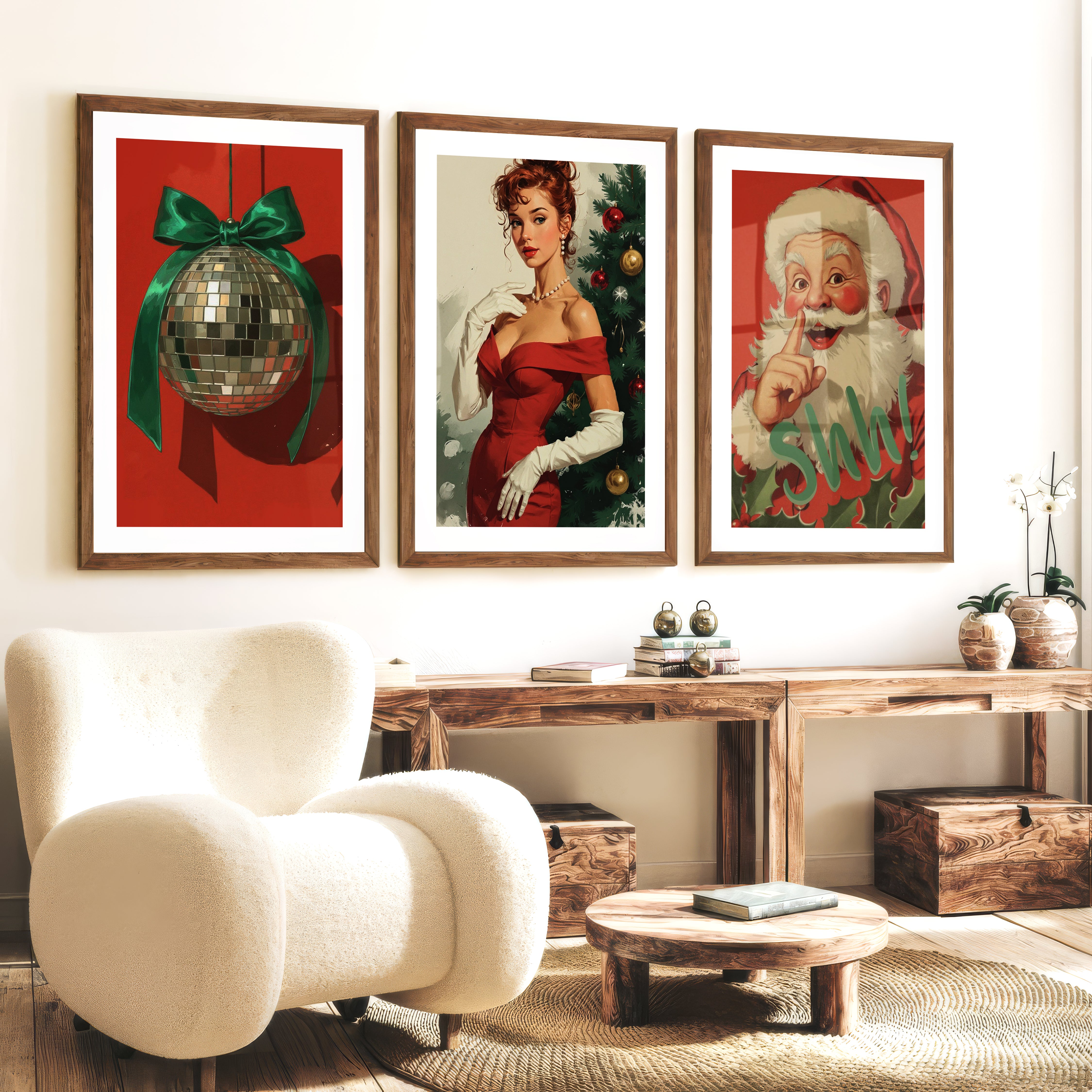 Retro Holiday Wall Art Set of 3 – Santa, Pin-Up Girl & Disco Ball - Dark Brown Framed Poster with White Border - Artworksets