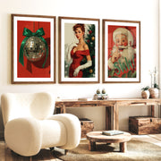 Retro Holiday Wall Art Set of 3 – Santa, Pin-Up Girl & Disco Ball - Dark Brown Framed Poster with White Border - Artworksets