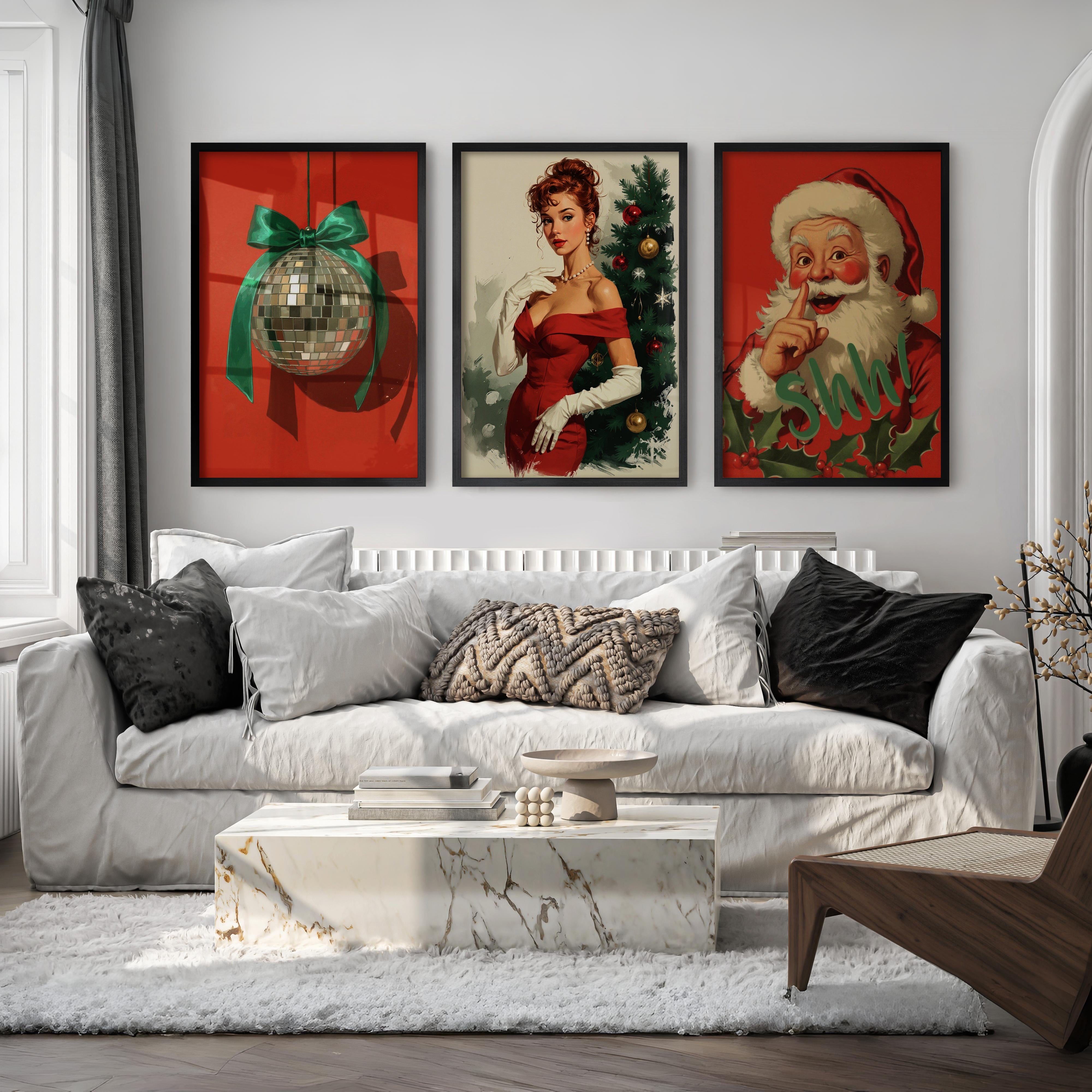 Retro Holiday Wall Art Set of 3 – Santa, Pin-Up Girl & Disco Ball - Black Framed Poster No Border - Artworksets