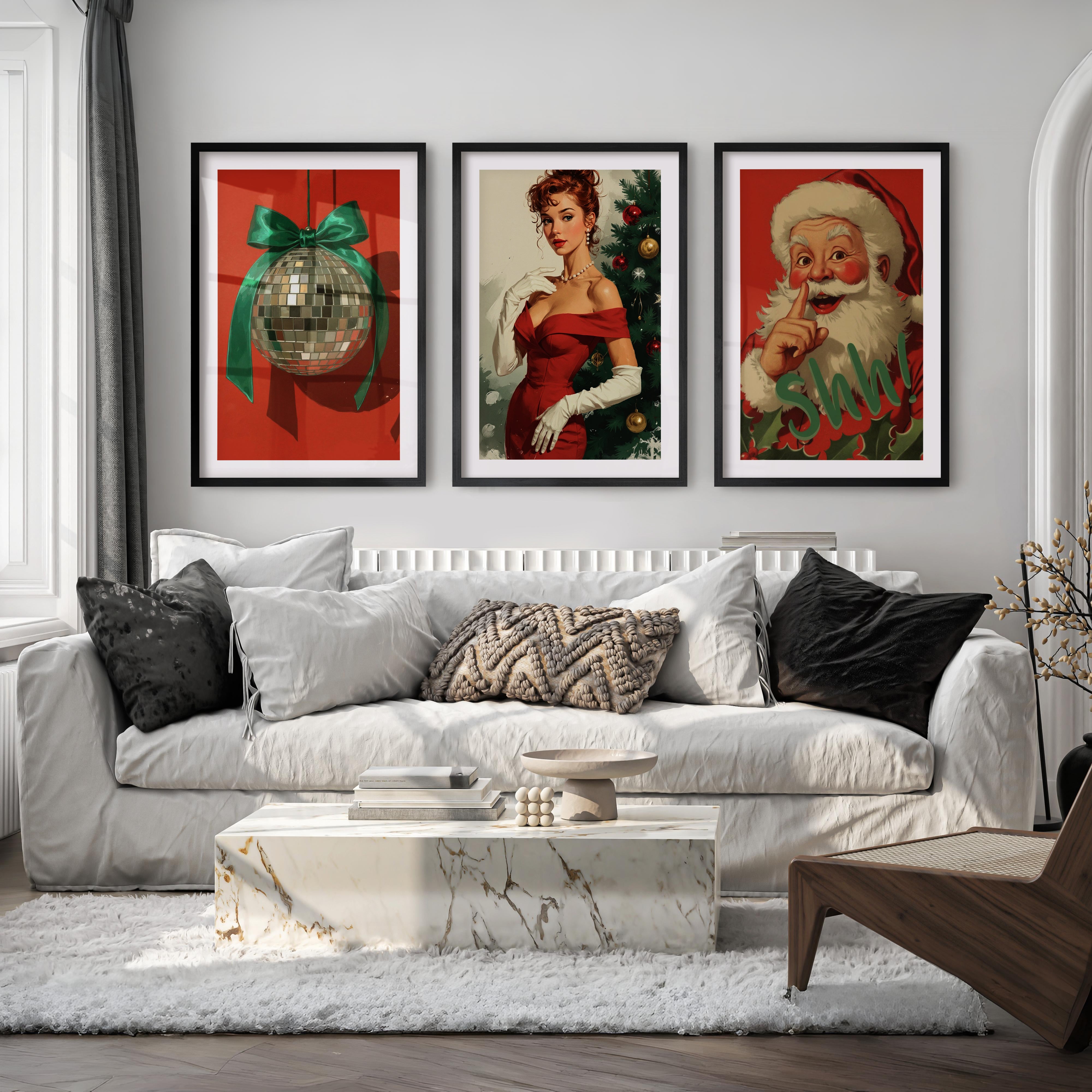 Retro Holiday Wall Art Set of 3 – Santa, Pin-Up Girl & Disco Ball - Black Framed Poster with White Border - Artworksets