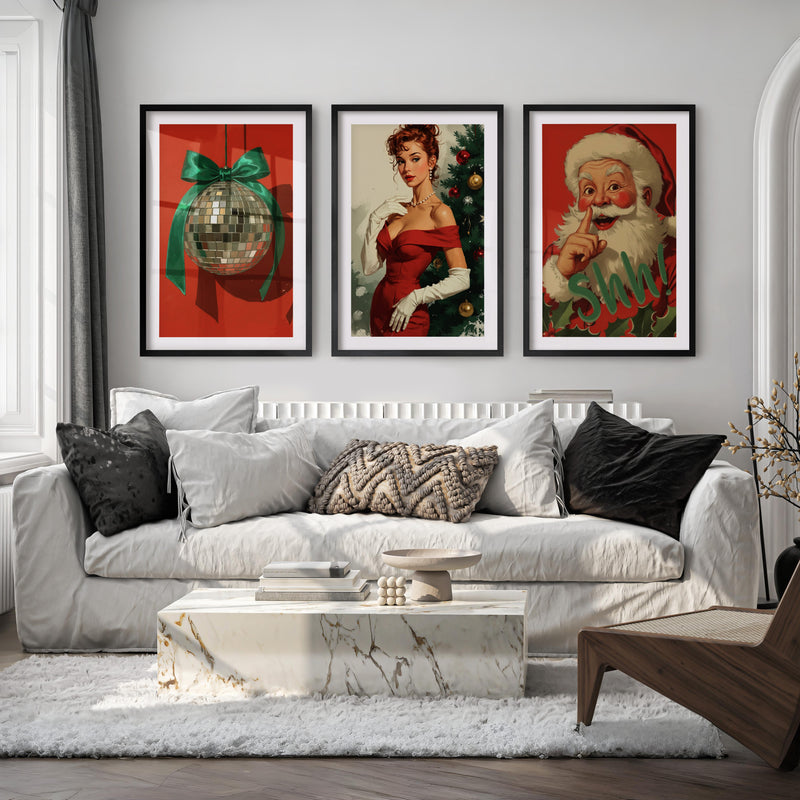 Retro Holiday Wall Art Set of 3 – Santa, Pin-Up Girl & Disco Ball - Black Framed Poster with White Border - Artworksets