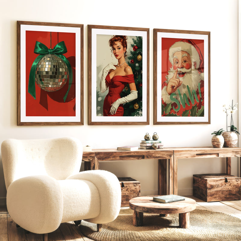 Retro Holiday Wall Art Set of 3 – Santa, Pin-Up Girl & Disco Ball - Dark Brown Framed Poster with White Border - Artworksets