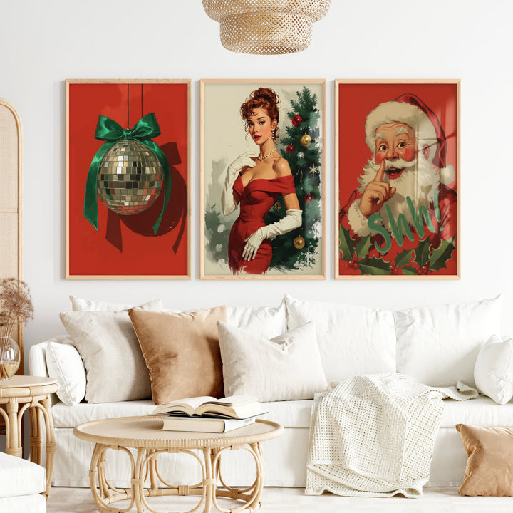 Retro Holiday Wall Art Set of 3 – Santa, Pin-Up Girl & Disco Ball - Natural Wood Framed Poster No Border - Artworksets