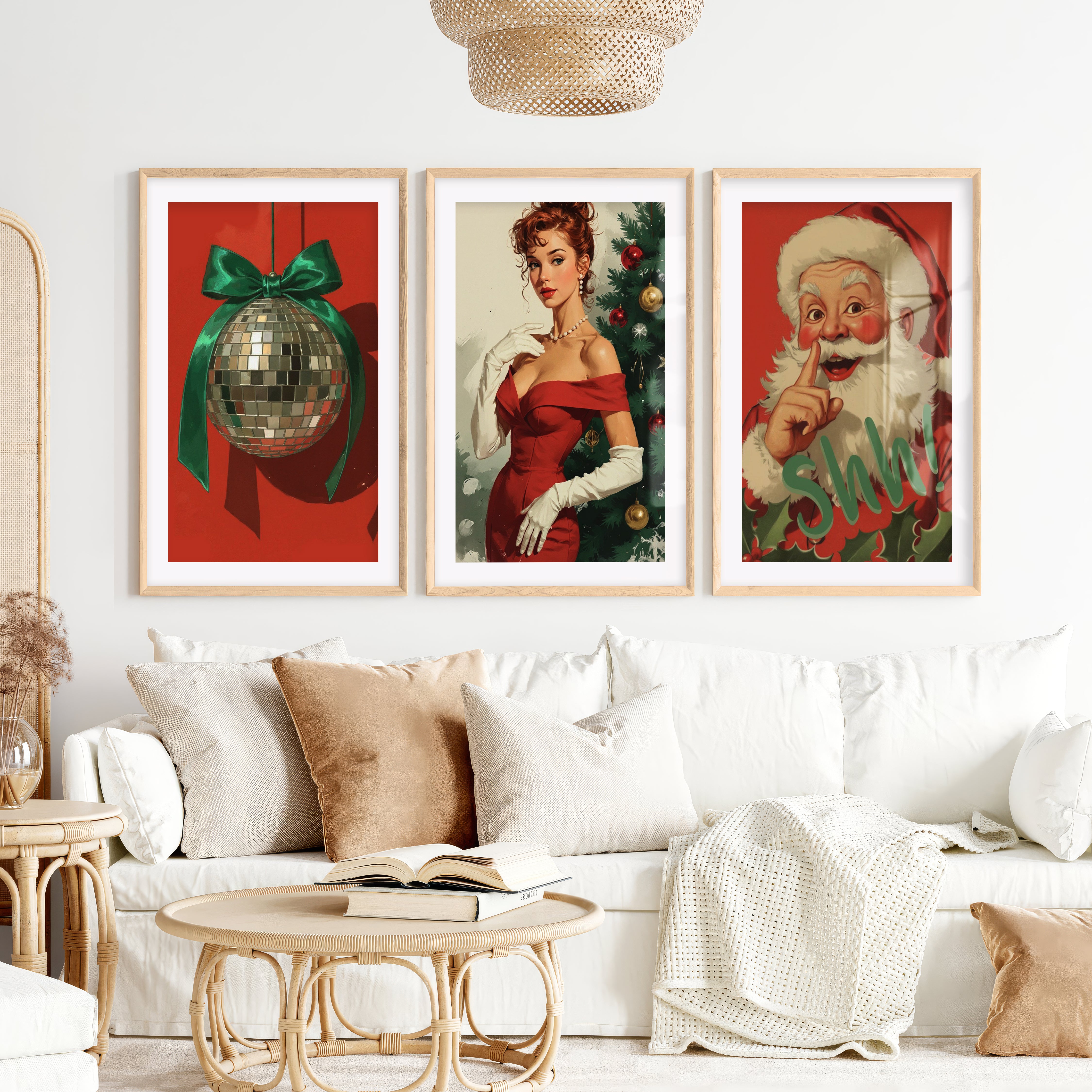 Retro Holiday Wall Art Set of 3 – Santa, Pin-Up Girl & Disco Ball- Natural Wood Framed Poster with White Border - Artworksets