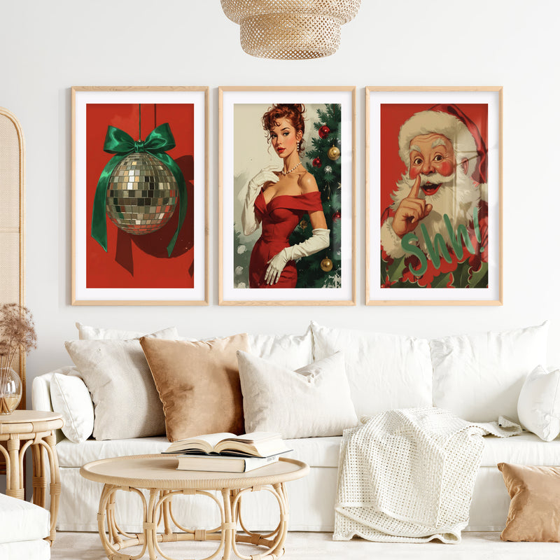 Retro Holiday Wall Art Set of 3 – Santa, Pin-Up Girl & Disco Ball- Natural Wood Framed Poster with White Border - Artworksets