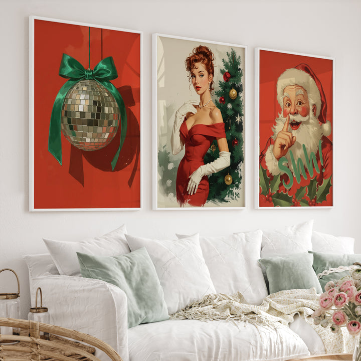 Retro Holiday Wall Art Set of 3 – Santa, Pin-Up Girl & Disco Ball - White Framed Poster No Border - Artworksets