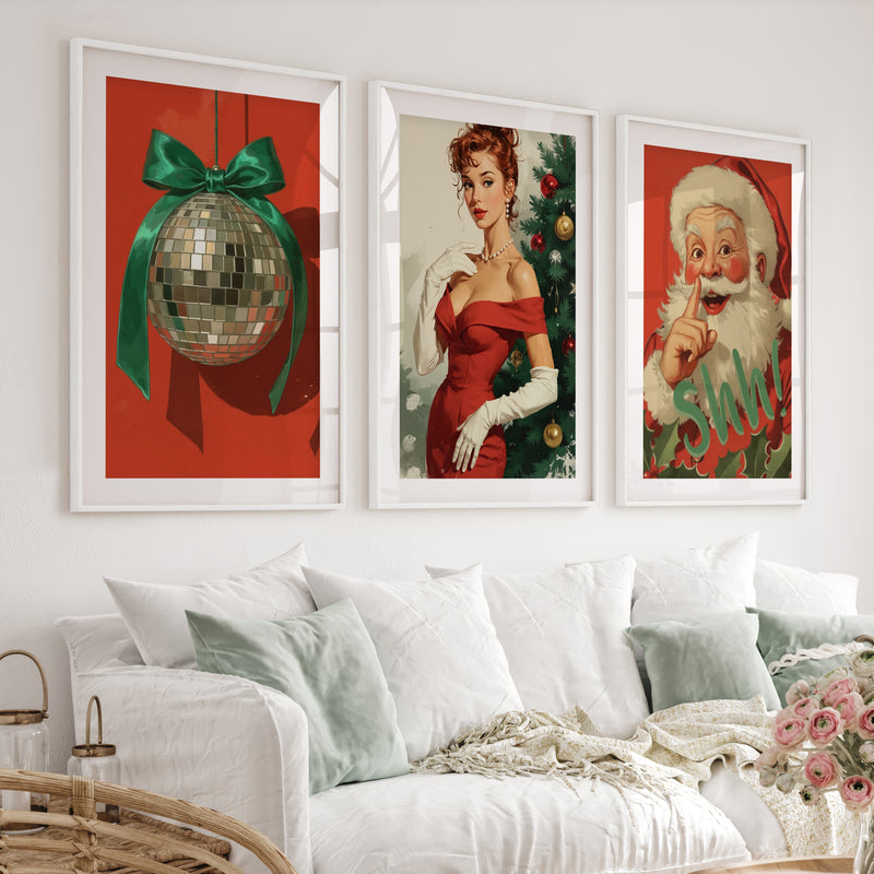 Retro Holiday Wall Art Set of 3 – Santa, Pin-Up Girl & Disco Ball - White Framed Poster with White Border - Artworksets