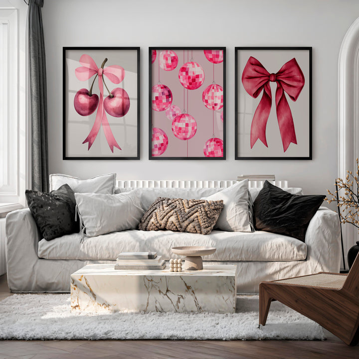 Pink Cherry Bow retro interior Art - Black Framed Poster No Border - Artworksets
