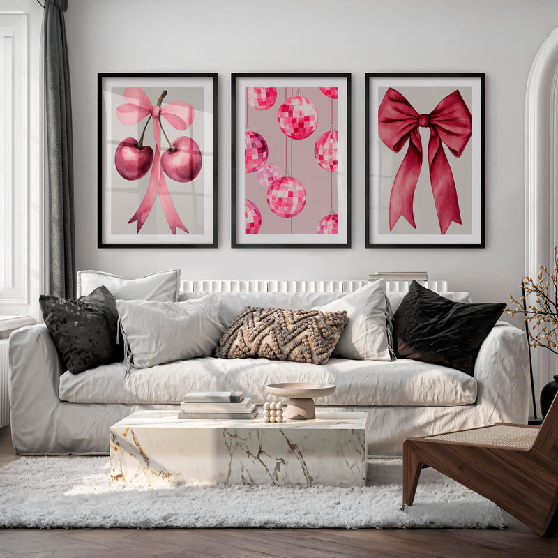 Pink Cherry Bow retro interior Art - Black Framed Poster with White Border - Artworksets
