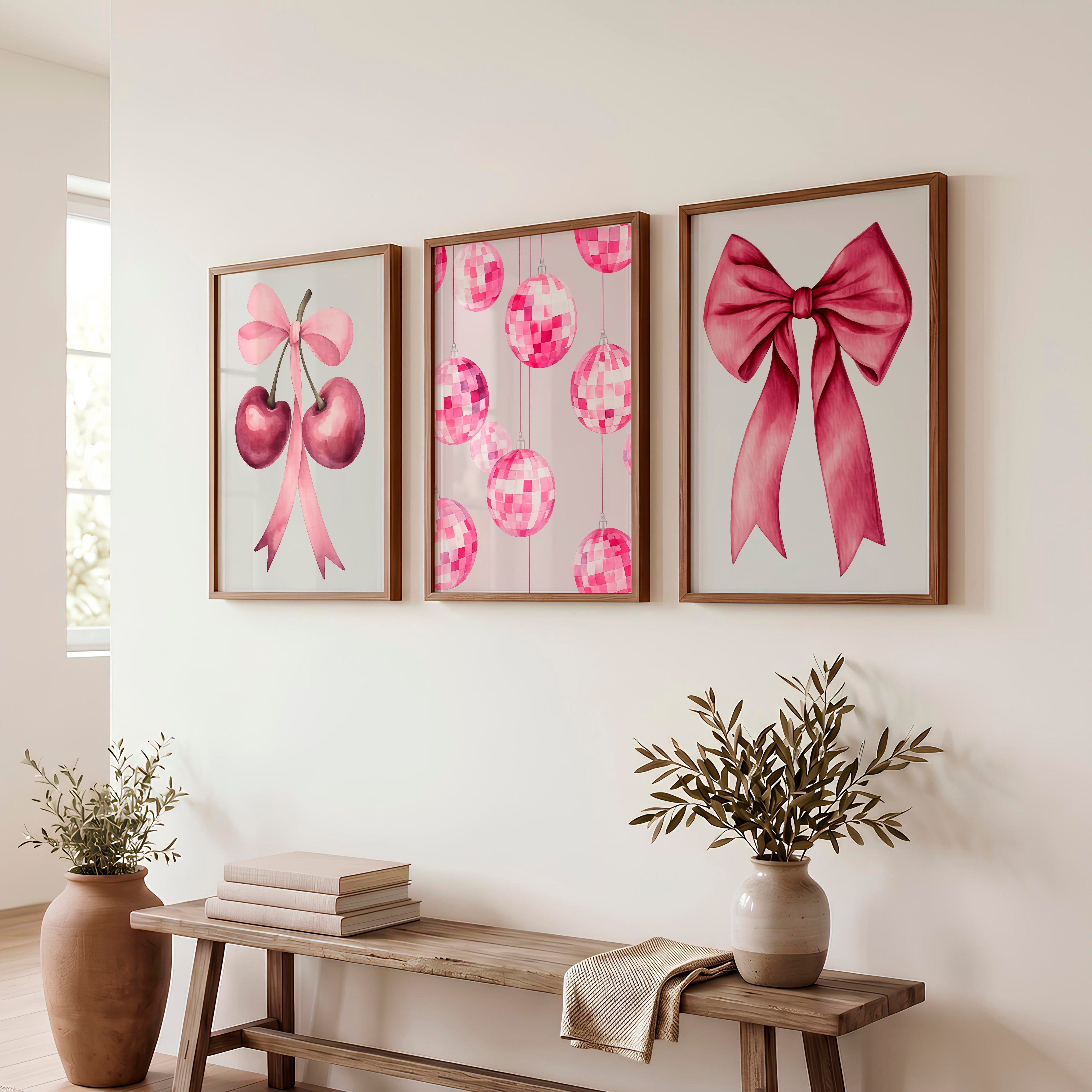 Pink Cherry Bow retro interior Art - Dark Brown Framed Poster No Border - Artworksets