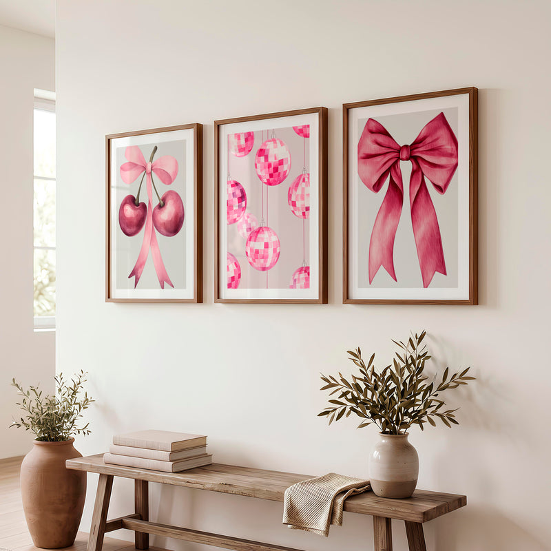 Pink Cherry Bow retro interior Art - Dark Brown Framed Poster with White Border - Artworksets