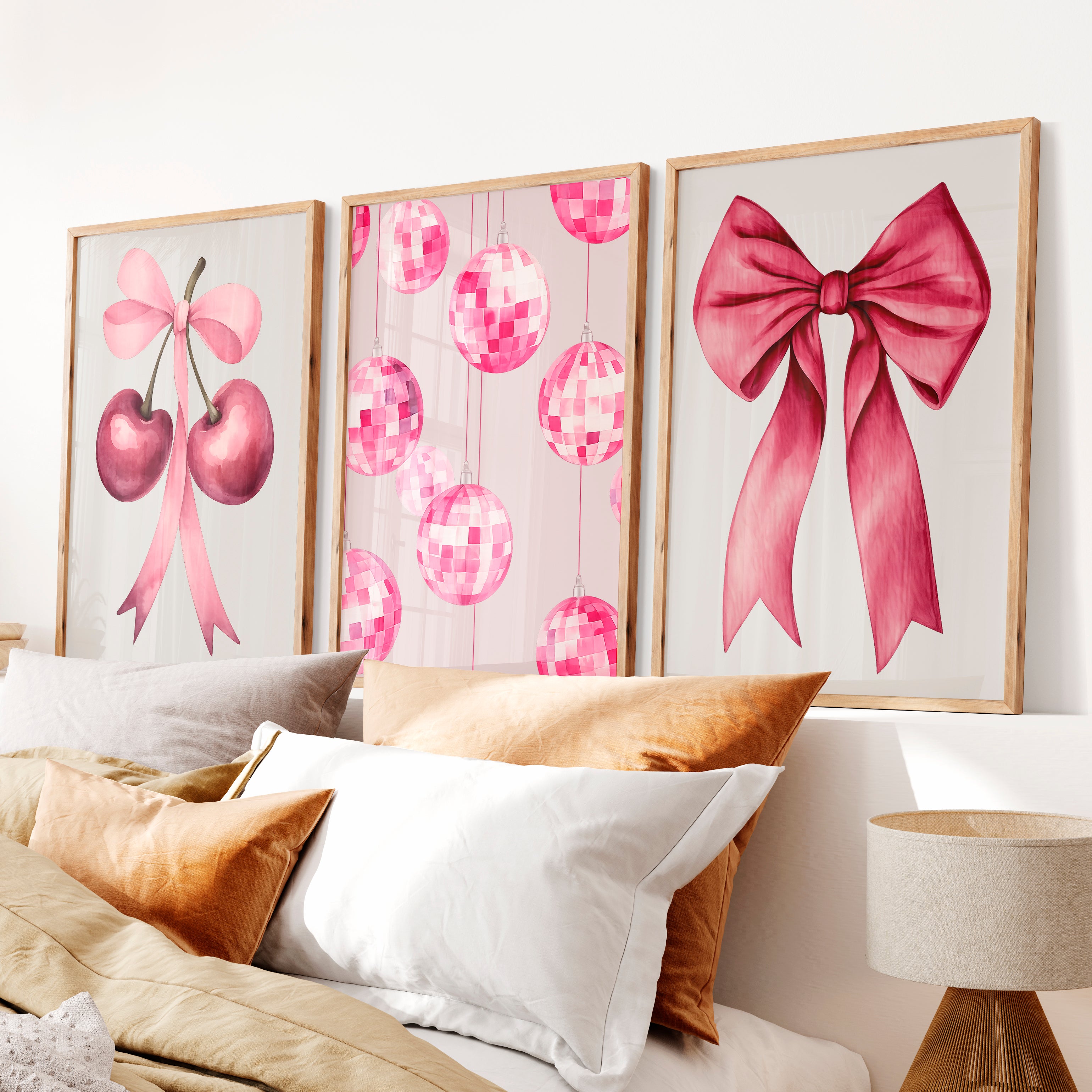 Pink Cherry Bow retro interior Art - Natural Wood Framed Poster No Border - Artworksets