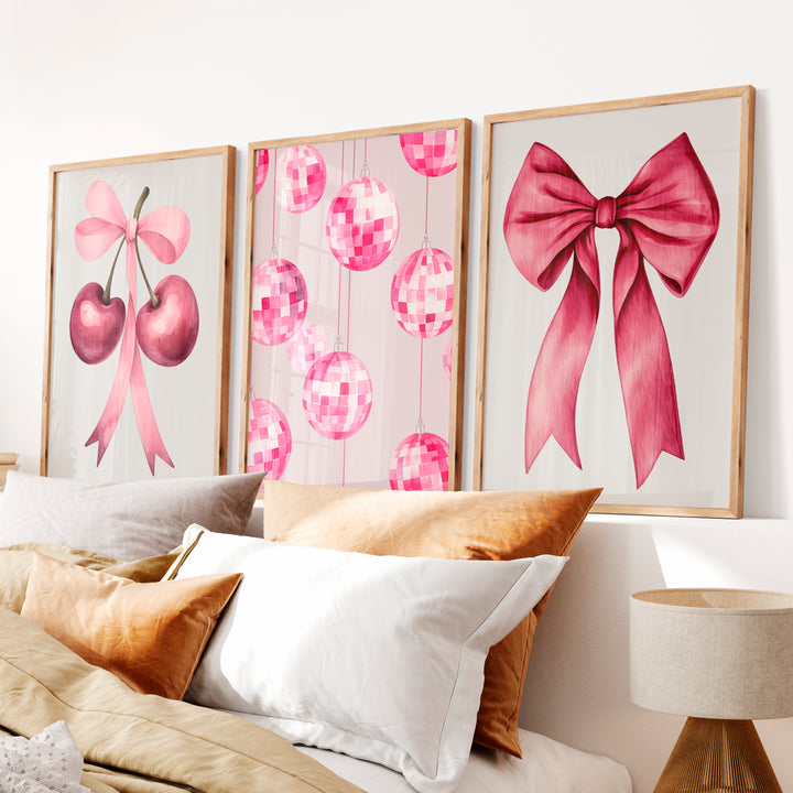 Pink Cherry Bow retro interior Art - Natural Wood Framed Poster No Border - Artworksets