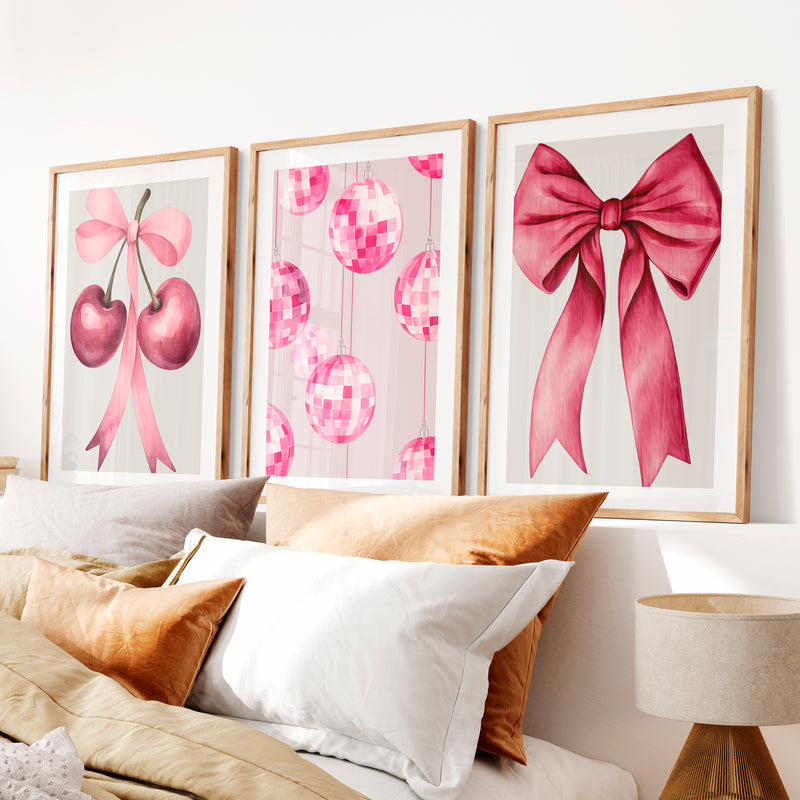 Pink Cherry Bow retro interior Art- Natural Wood Framed Poster with White Border - Artworksets