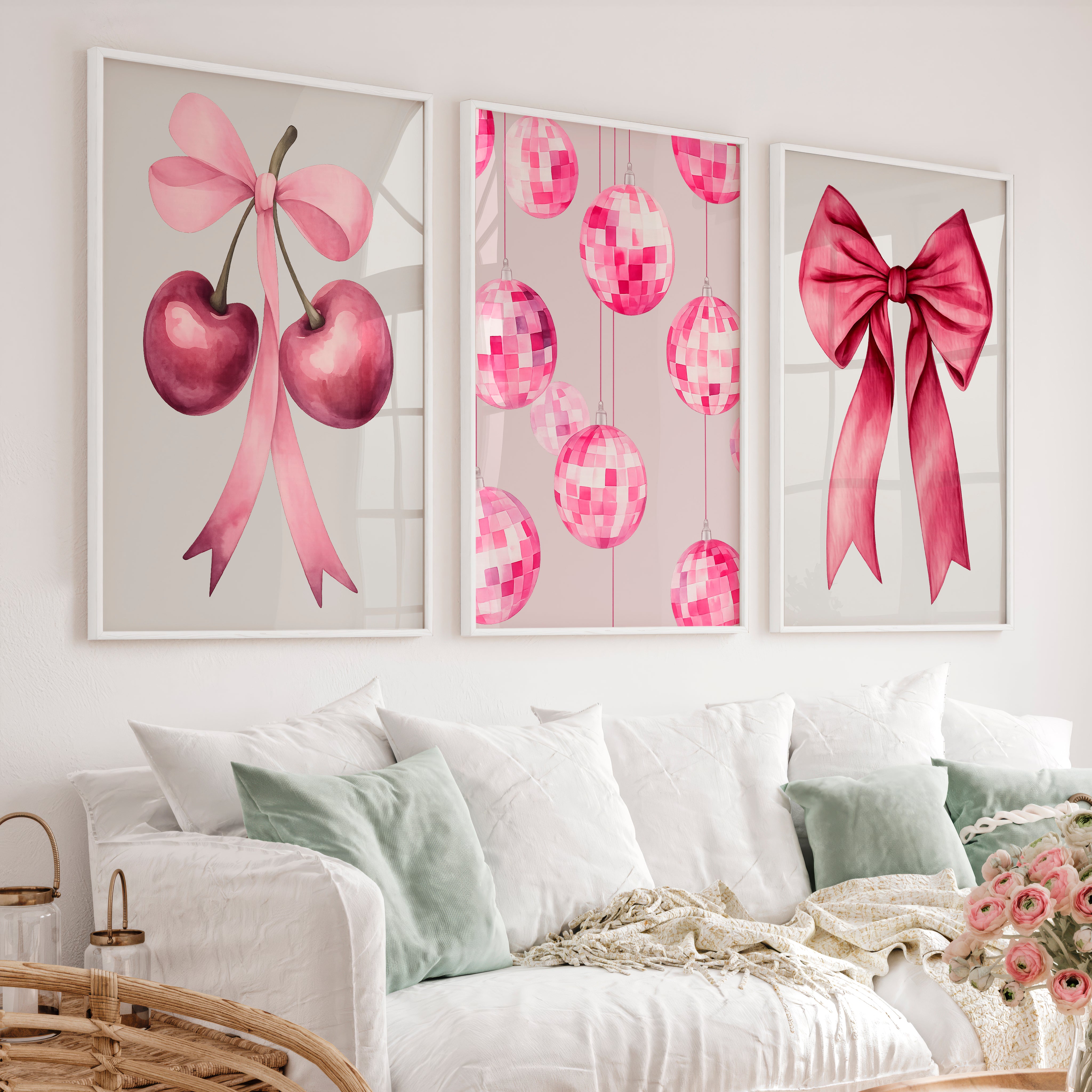 Pink Cherry Bow retro interior Art - White Framed Poster No Border - Artworksets