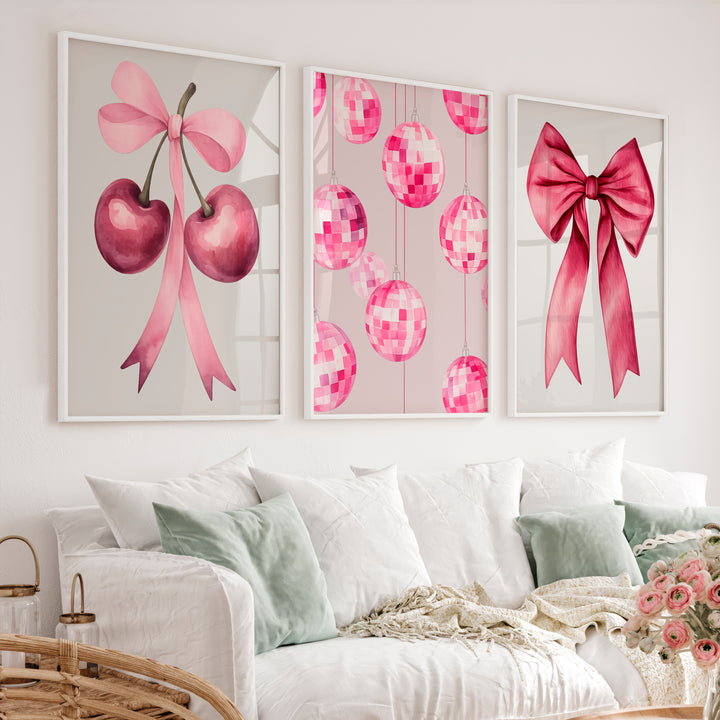 Pink Cherry Bow retro interior Art - White Framed Poster No Border - Artworksets