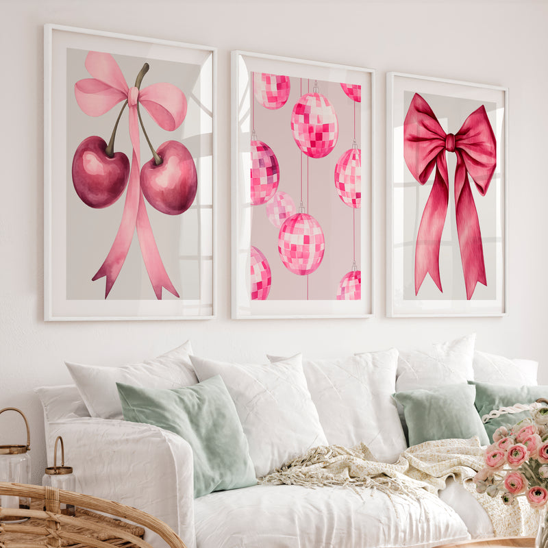 Pink Cherry Bow retro interior Art - White Framed Poster with White Border - Artworksets