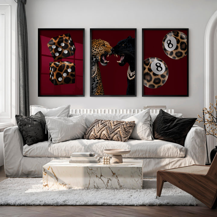 Wild Cat Clash retro interior decor with Leopard Dice - Black Framed Poster No Border - Artworksets