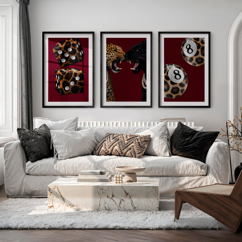 Wild Cat Clash retro interior decor with Leopard Dice - Black Framed Poster with White Border - Artworksets