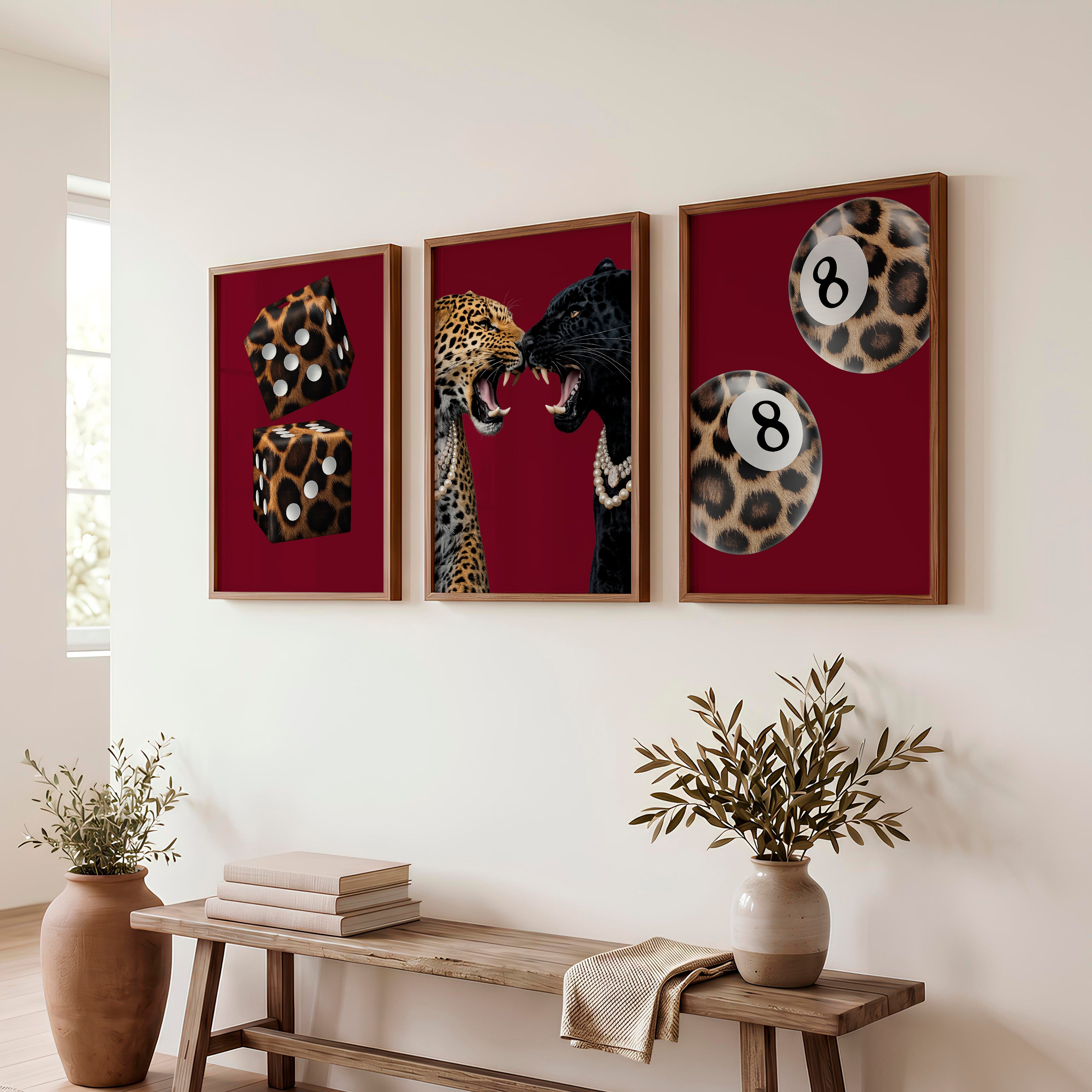 Wild Cat Clash retro interior decor with Leopard Dice - Dark Brown Framed Poster No Border - Artworksets