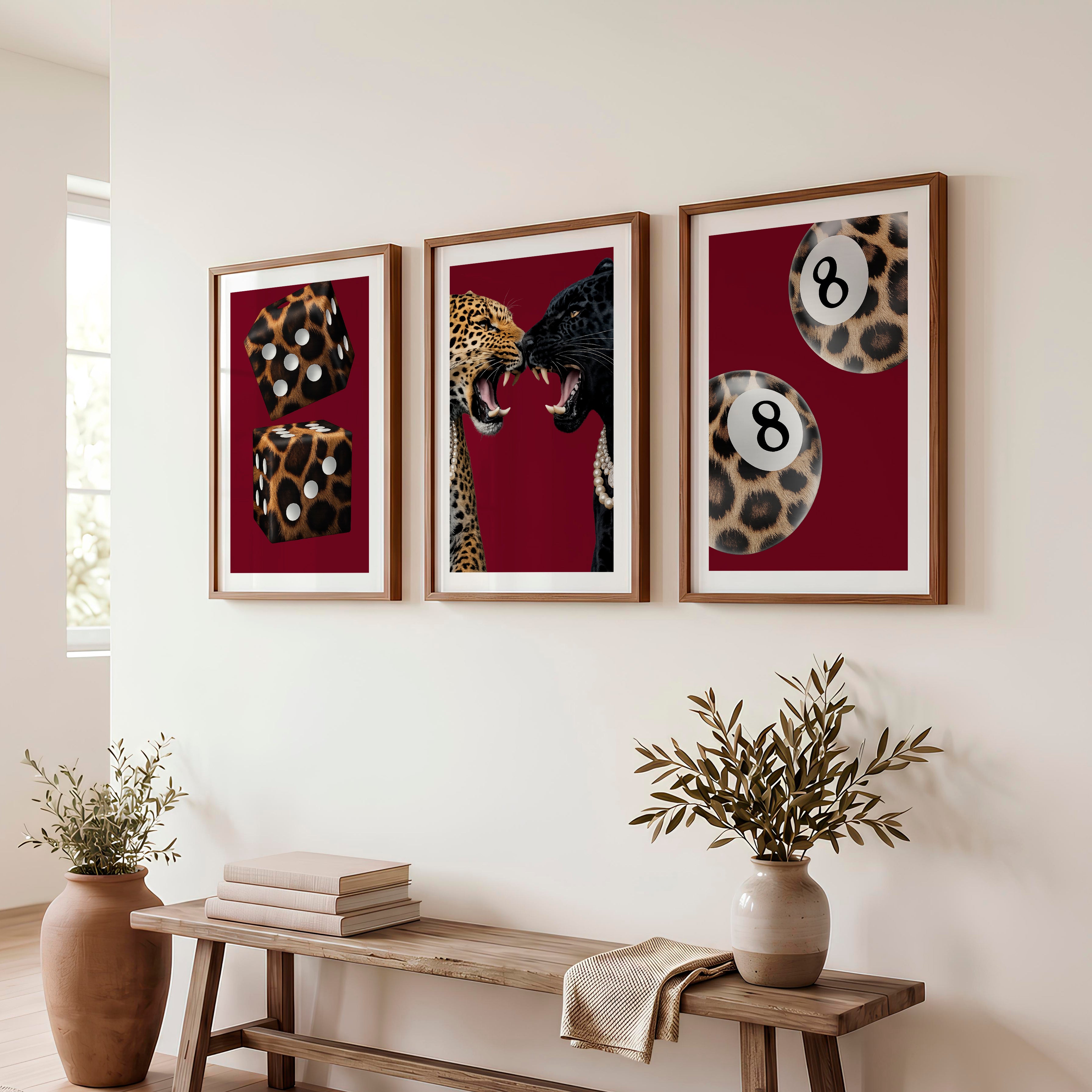 Wild Cat Clash retro interior decor with Leopard Dice - Dark Brown Framed Poster with White Border - Artworksets