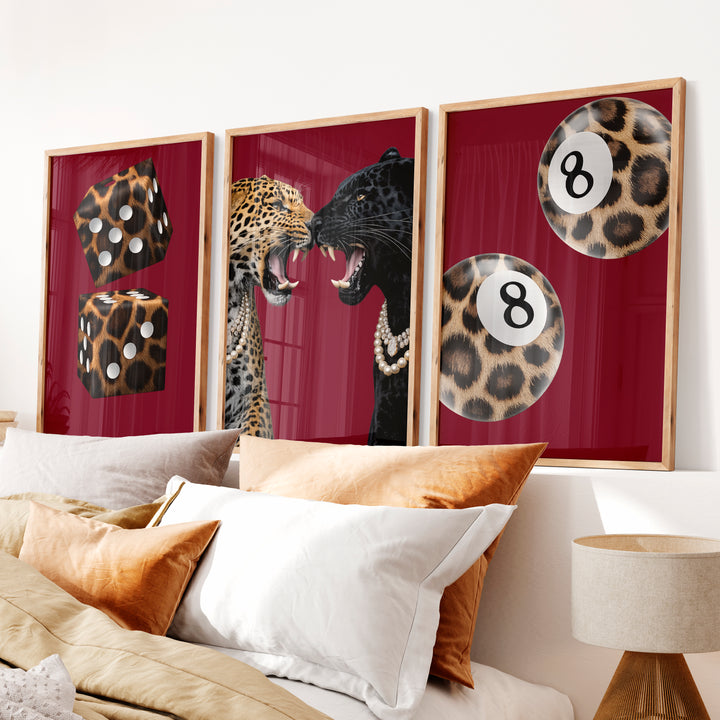 Wild Cat Clash retro interior decor with Leopard Dice - Natural Wood Framed Poster No Border - Artworksets