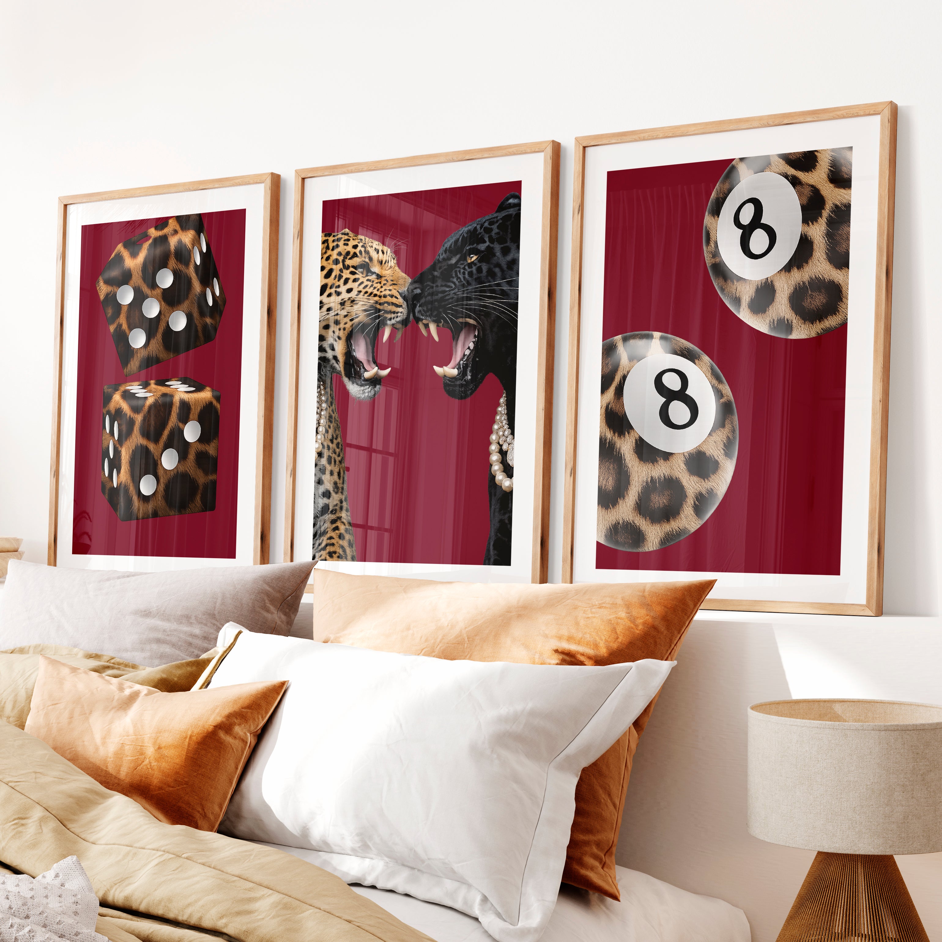 Wild Cat Clash retro interior decor with Leopard Dice- Natural Wood Framed Poster with White Border - Artworksets