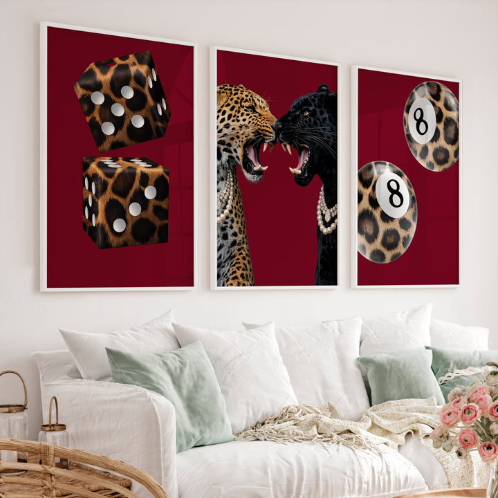 Wild Cat Clash retro interior decor with Leopard Dice - White Framed Poster No Border - Artworksets