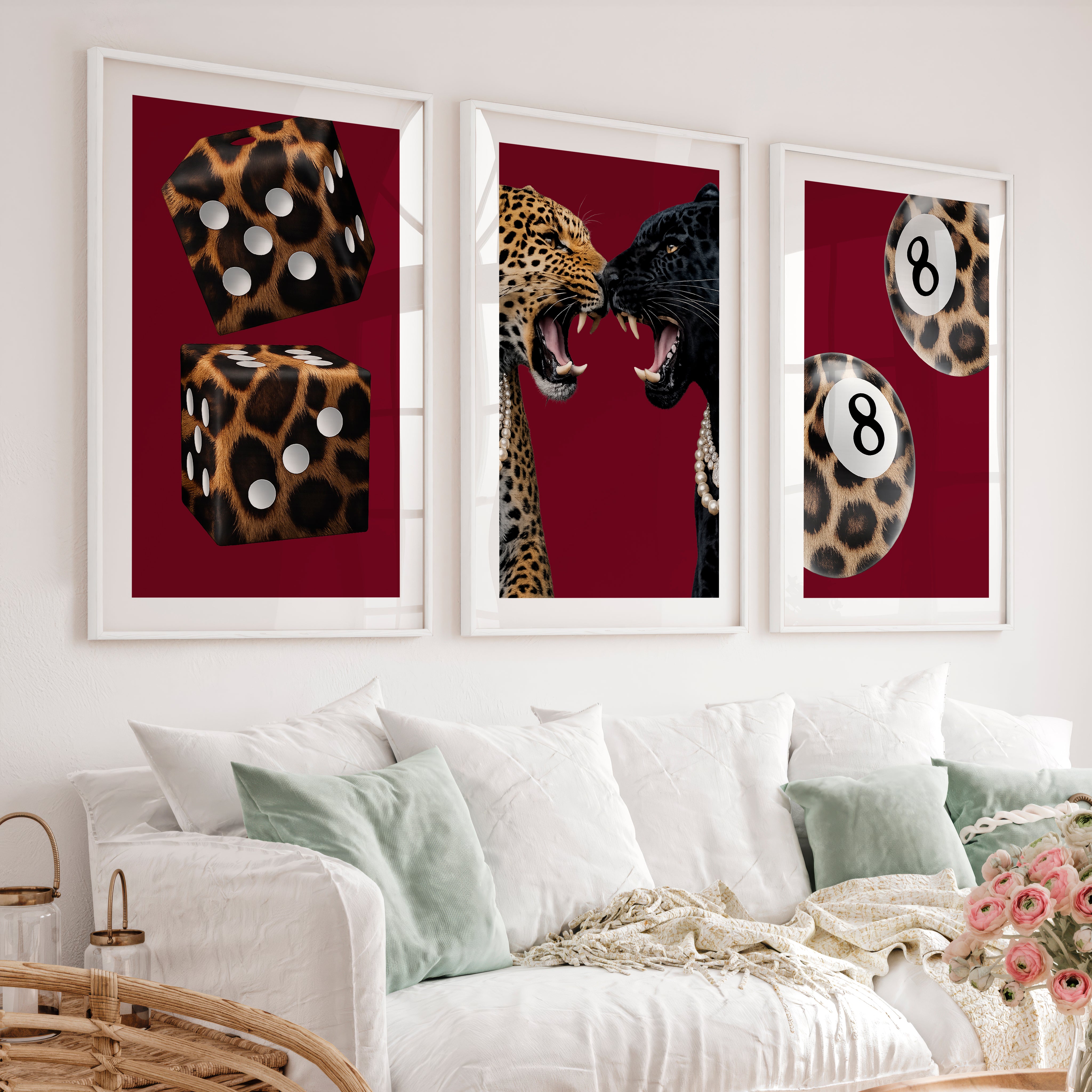 Wild Cat Clash retro interior decor with Leopard Dice - White Framed Poster with White Border - Artworksets