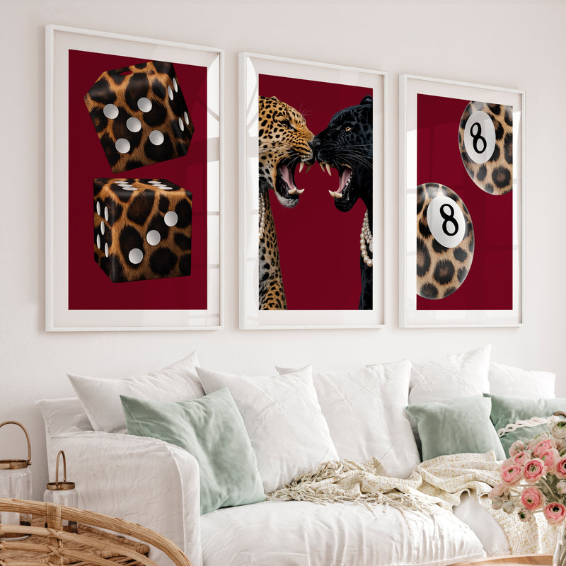 Wild Cat Clash retro interior decor with Leopard Dice - White Framed Poster with White Border - Artworksets