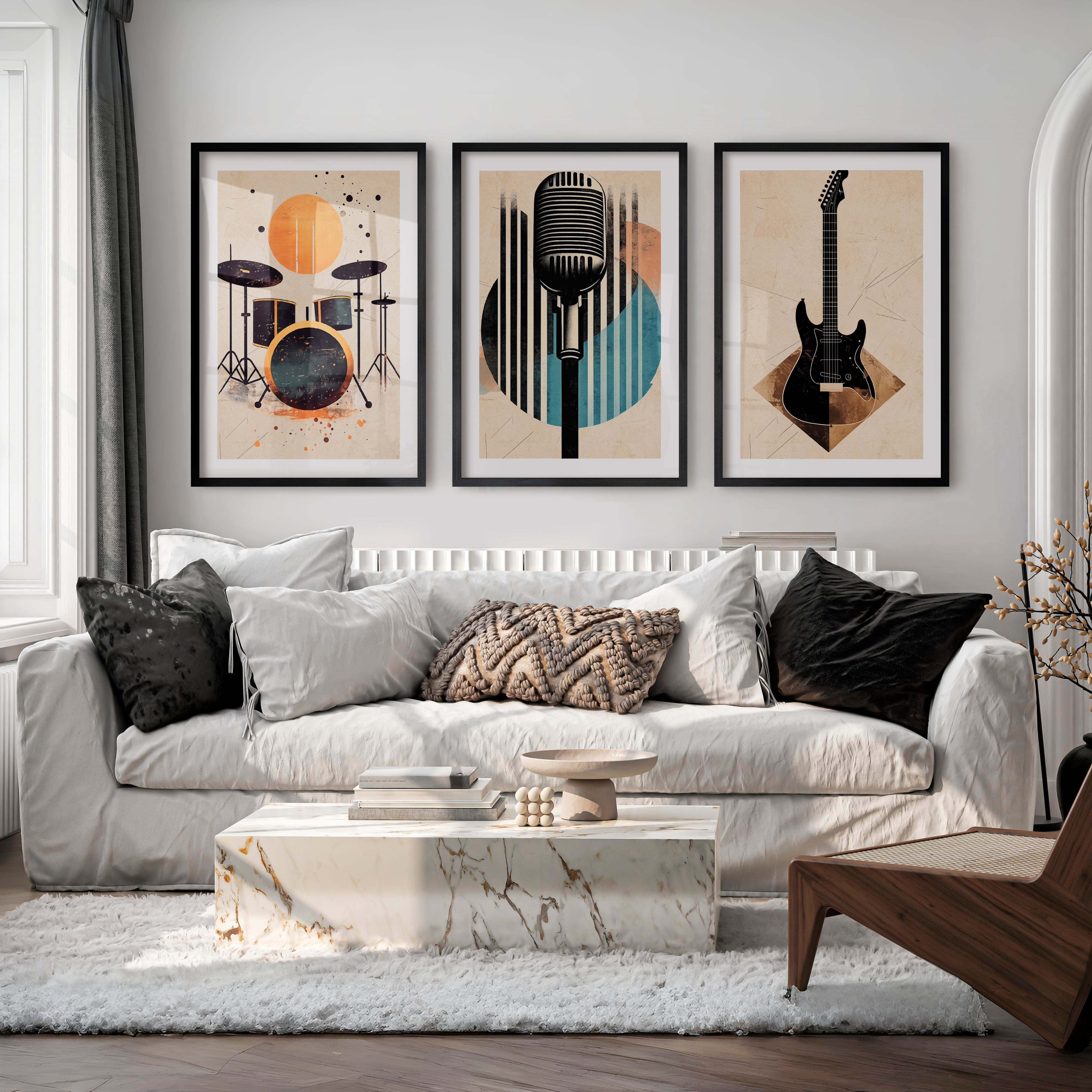 Music Studio Retro Interior Decor - Black Framed Poster with White Border - Artworksets