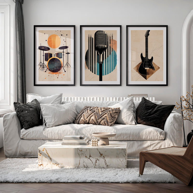 Music Studio Retro Interior Decor - Black Framed Poster with White Border - Artworksets