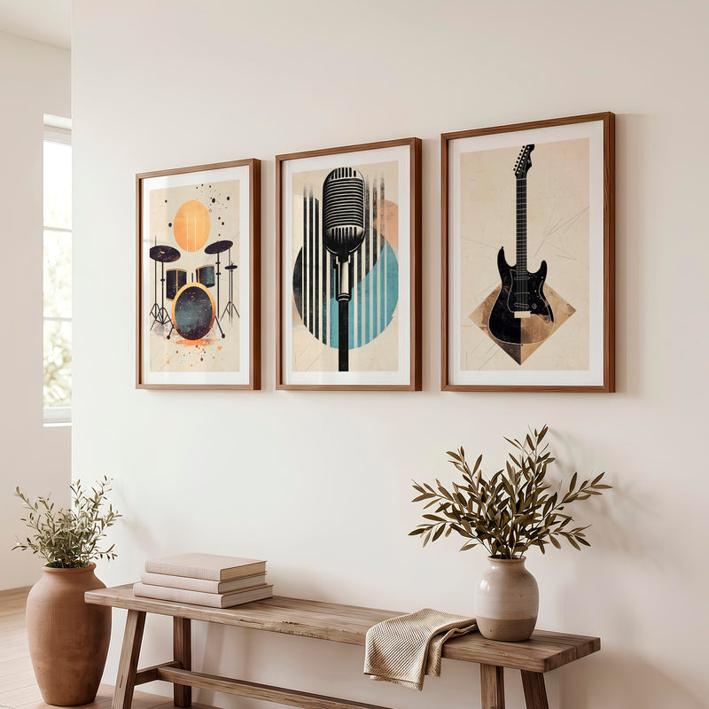 Music Studio Retro Interior Decor - Dark Brown Framed Poster with White Border - Artworksets