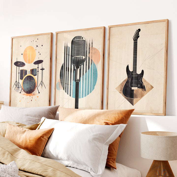 Music Studio Retro Interior Decor - Natural Wood Framed Poster No Border - Artworksets