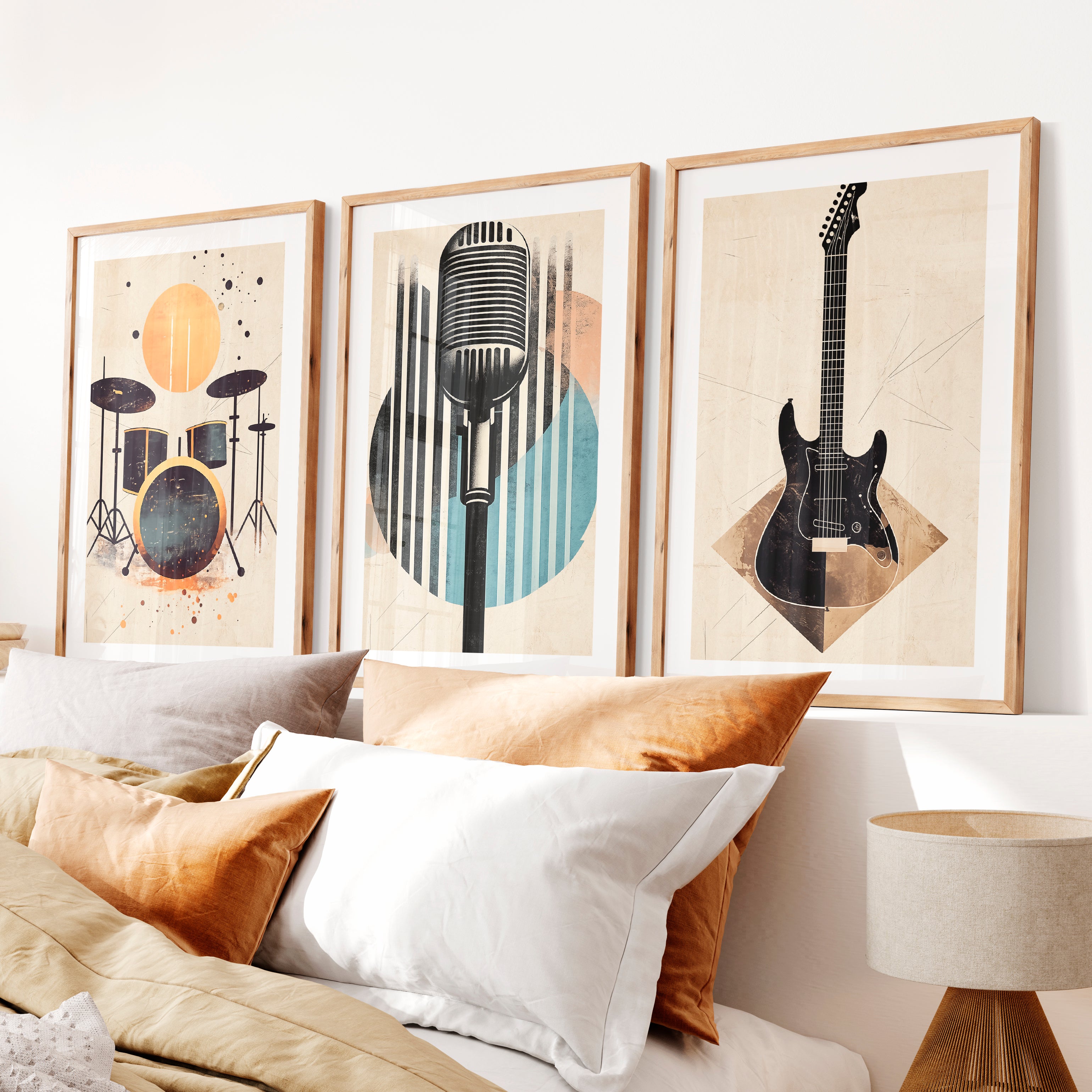 Music Studio Retro Interior Decor- Natural Wood Framed Poster with White Border - Artworksets