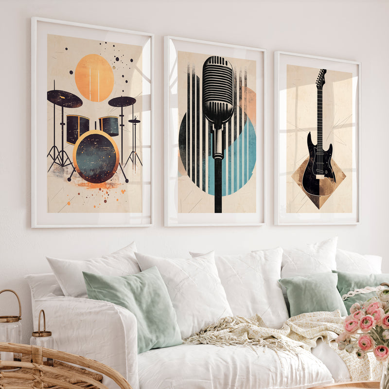 Music Studio Retro Interior Decor - White Framed Poster with White Border - Artworksets