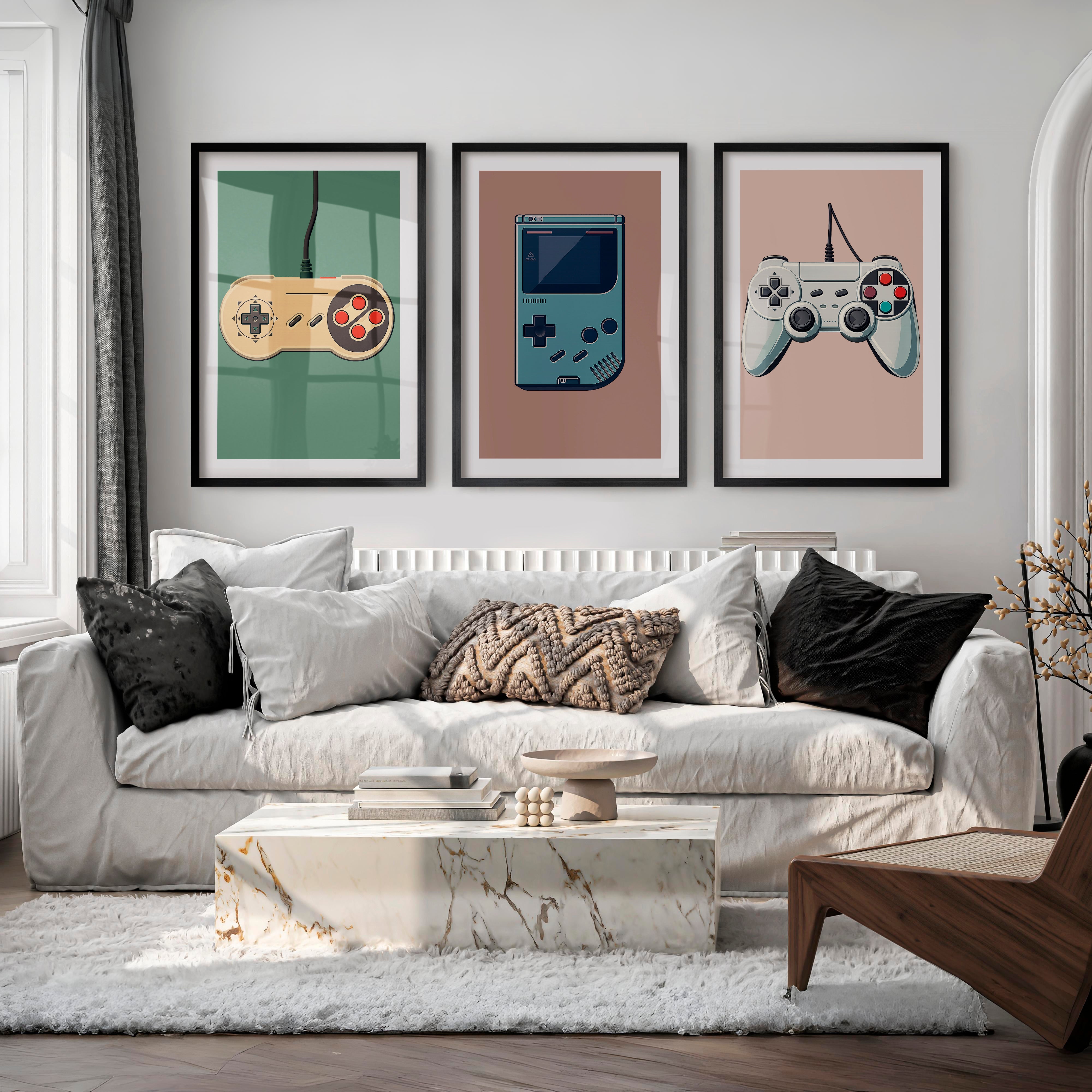 Vintage Game Controllers retro interior design - Black Framed Poster with White Border - Artworksets