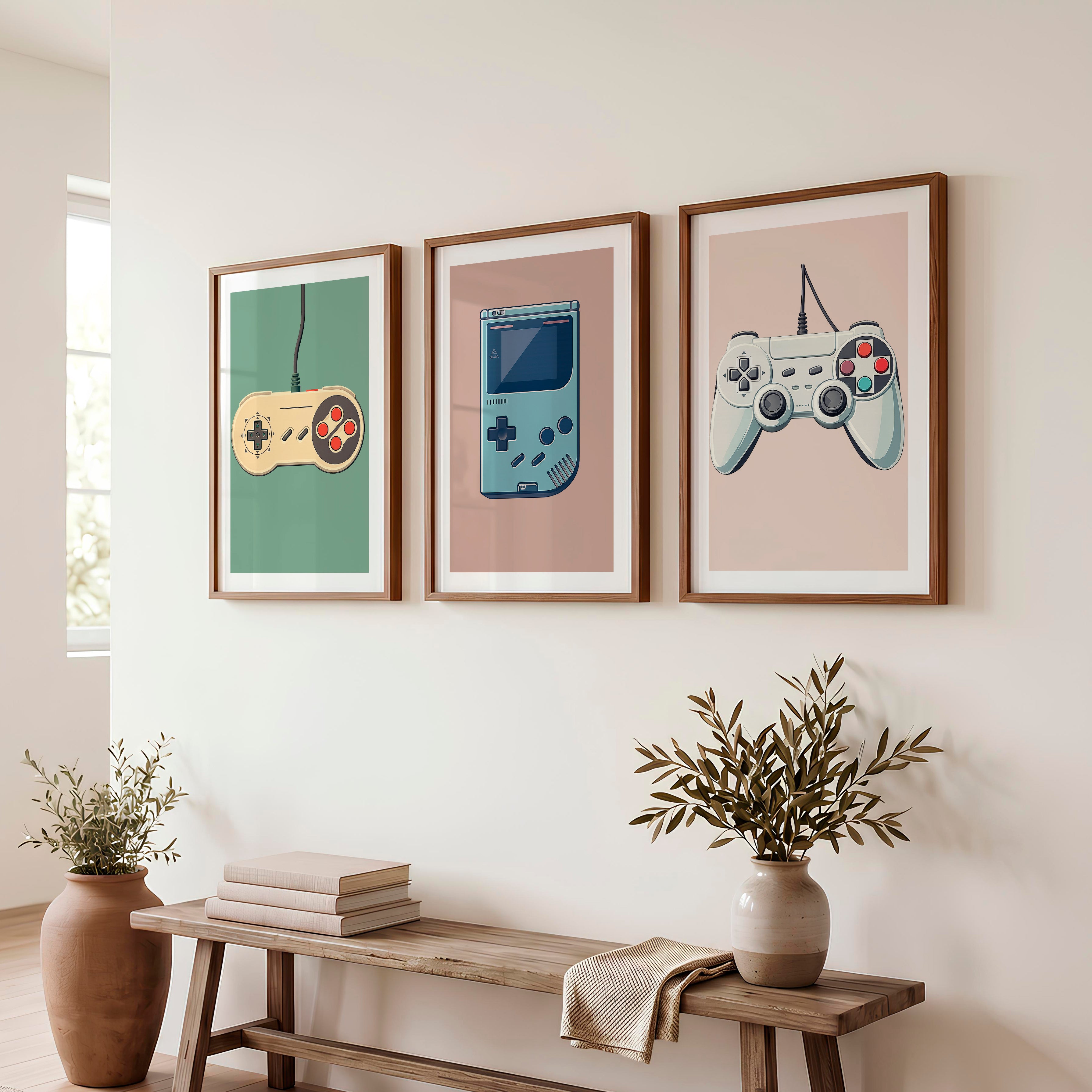 Vintage Game Controllers retro interior design - Dark Brown Framed Poster with White Border - Artworksets