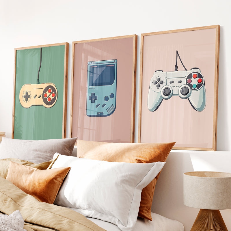 Vintage Game Controllers retro interior design - Natural Wood Framed Poster No Border - Artworksets