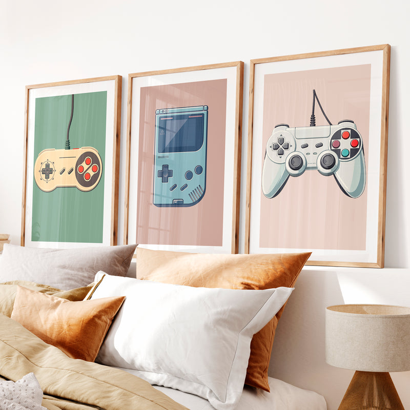 Vintage Game Controllers retro interior design- Natural Wood Framed Poster with White Border - Artworksets