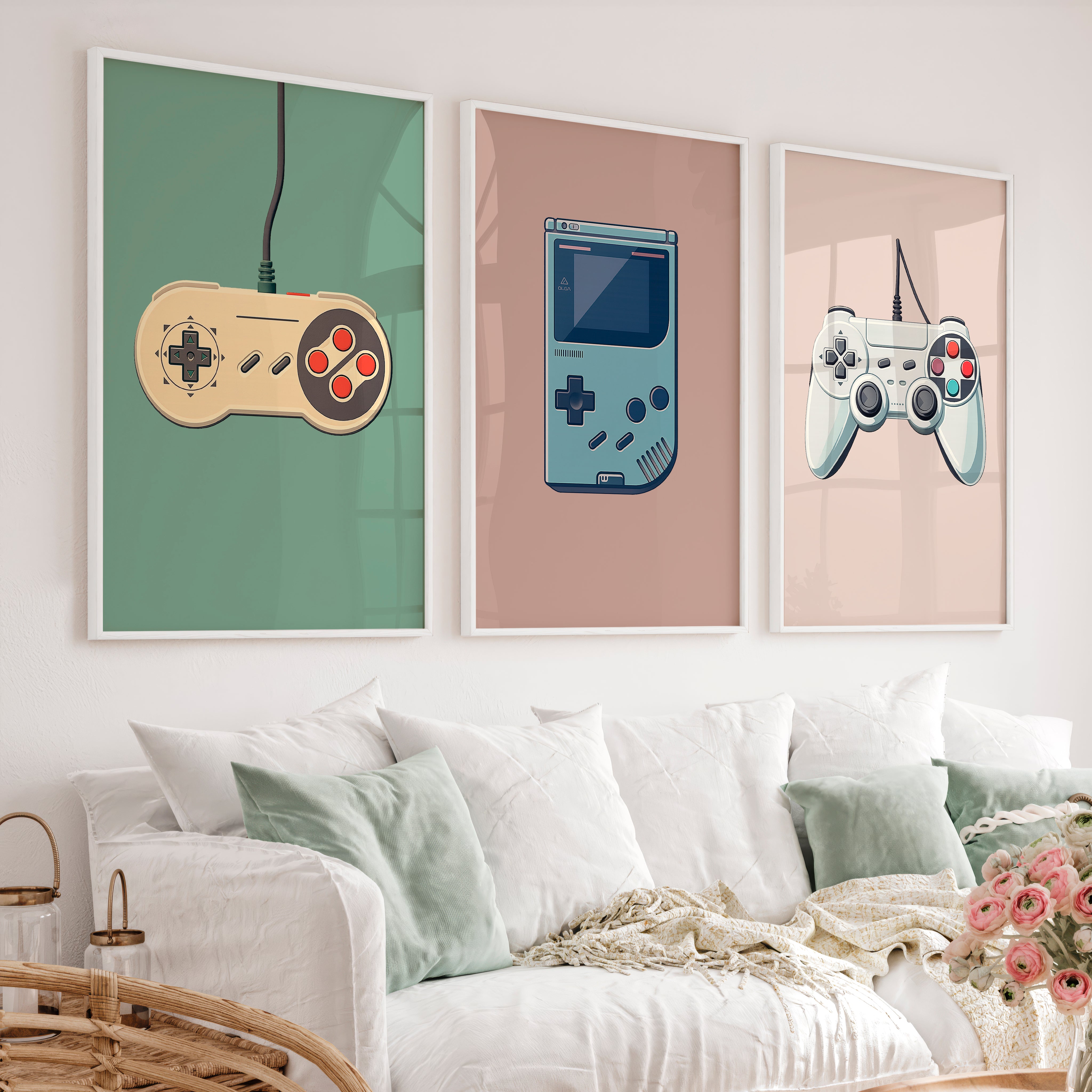 Vintage Game Controllers retro interior design - White Framed Poster No Border - Artworksets