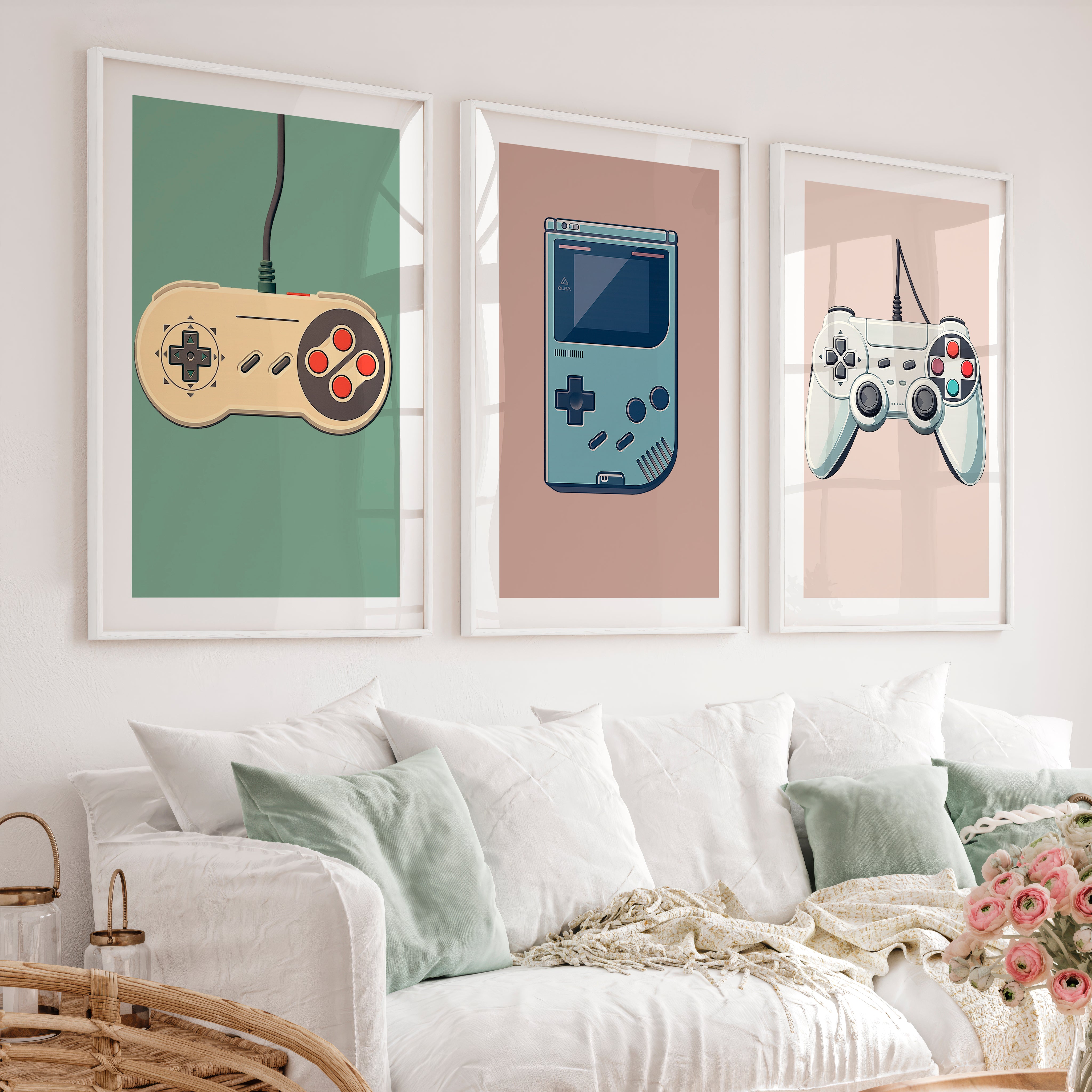 Vintage Game Controllers retro interior design - White Framed Poster with White Border - Artworksets