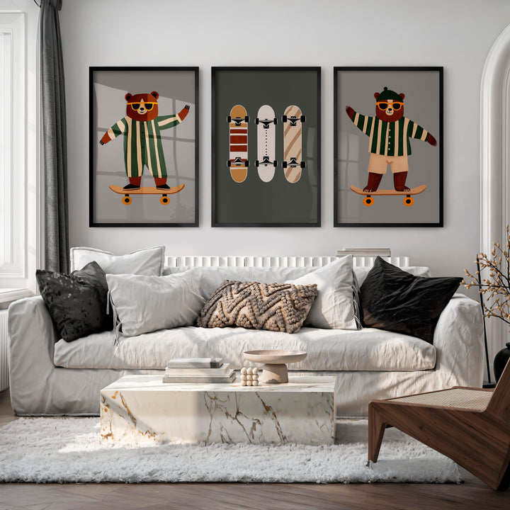 Skater Bears retro interior design ideas - Black Framed Poster No Border - Artworksets