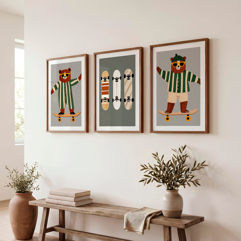Skater Bears retro interior design ideas - Dark Brown Framed Poster with White Border - Artworksets