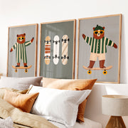 Skater Bears retro interior design ideas - Natural Wood Framed Poster No Border - Artworksets