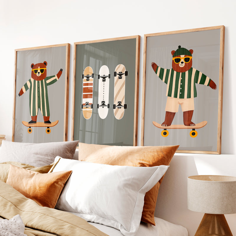 Skater Bears retro interior design ideas - Natural Wood Framed Poster No Border - Artworksets